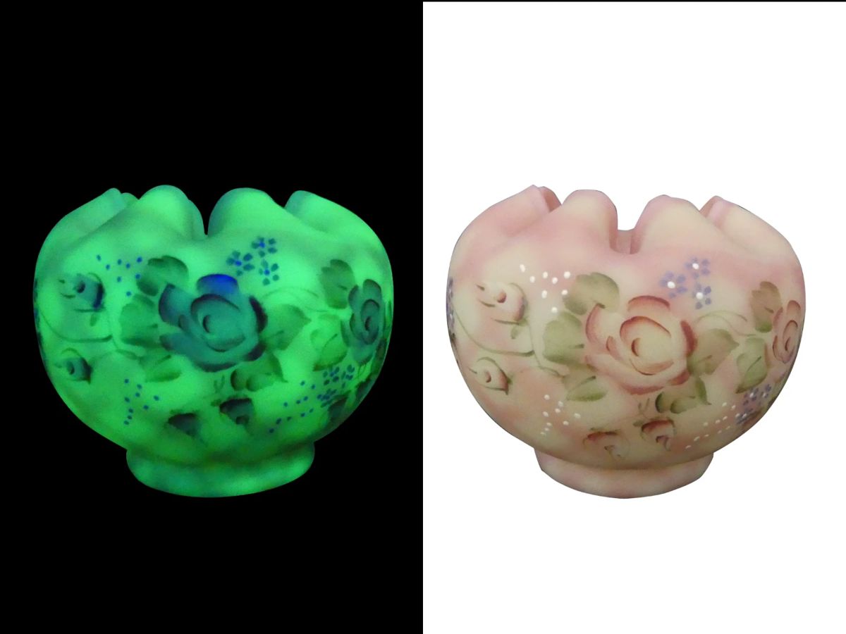 Vintage 1960s Signed (L. Everson) Fenton Uranium Custard Glass Hand Painted Ruffled Rim Rose Bowl