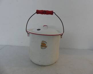 Vintage 1960s Memco White with Red Trim Enamelware Wood Handle Pot - 9½" Diameter x 8½" Tall