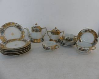 Vintage MCM Shofu China of Nagoya Landscape Cameo Moriage Gold Tea Set - 17 Pieces in All