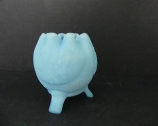 Vintage 1970s Fenton Blue Satin Footed Ruffled Rim Rose Bowl