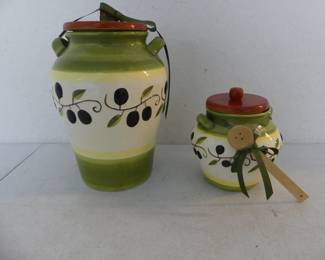 Tuscan Olive/Vine Pattern Oversized Pasta Jar (11" Tall) and Olive Jar with Wooden Spoon (6" Tall)