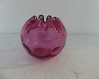 Antique Hand Blown Cranberry Ruffled Rim Dimpled Rose Bowl