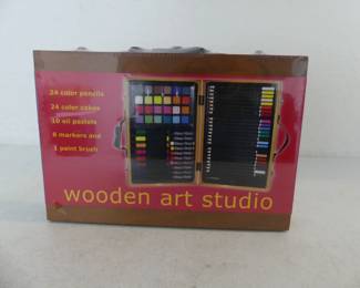 Art Studio in Wooden Case - 24 Color Pencils & Color Cakes, 10 Oil Pastels, 8 Markers 1 Brush - New in Package