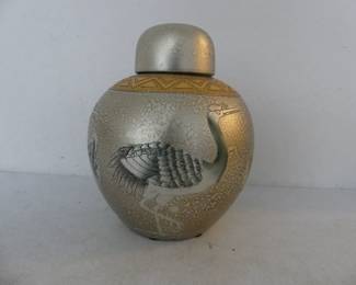Vintage Extra Large Metal Etched Relief Decorated Ginger Jar Urn - 9" Diameter Widest x 12" Tall