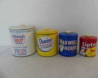Vintage 1960s J.L. Clark Product Tin Canister Set - Pillsbury Flour, Domino Sugar, Maxwell House Coffee & Lipton Tea
