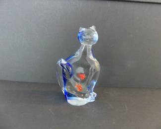Vintage  Sommerso Art Glass Cat with 2 Goldfish Figurine - 8¾" Tall