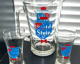 Vintage Old Style Beer Pitcher and 2 Glasses