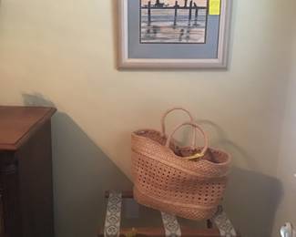 Luggage holder, woven bag, framed watercolor fishing pier by Shirley Elstrodt