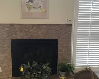 White framed floral by Alfred J. Wands, plant, faux plant and woven magazine holder