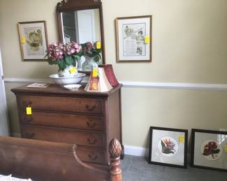 Framed advertisements, vintage pitcher & bowl, dresser, etc.