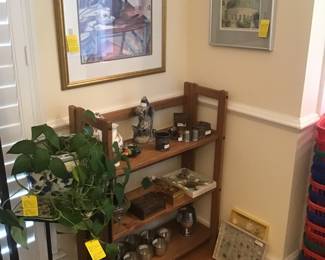 Pewter, wrought iron with tile top plant stand, plant, etc.
