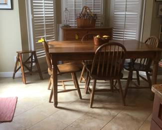 Oak farm table with 4 chairs, hand painted step stool, oak server, etc.