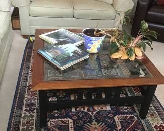 Beveled glass and wood square coffee table, Ethan Allen love seat, etc.