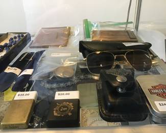 Aviator sunglasses, Harley Davidson lighter & leather case etc.