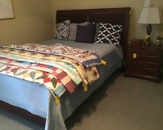 Ethan Allen sleigh bed, handmade quilts, 4 drawer end/night table, etc.