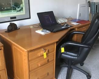 Oak desk, office chair, Microsoft Surface Pro, Toshiba, etc.