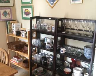 Framed original art, monkey pod, USMC  glasses/mugs, Southern Railroad glasses,  etc.
