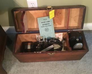 Willcox & Gibbs Automatic Noiseless sewing machine with original wood carrying case and manuels