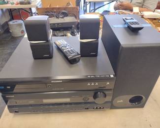 onkyo receiver with remote, bose speakers, polk audio soundbar and subwoofer with remote (bluetooth)