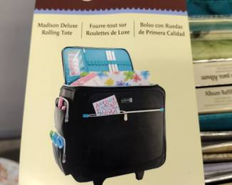 recollection rolling tote loaded with scrapbooking accessories. 