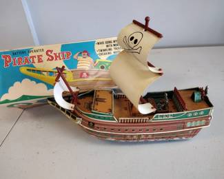 Vintage tin pirate ship toy  with original box awesome piece.
