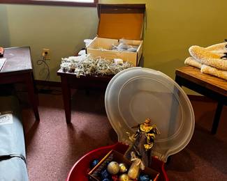 lots of Christmas lights, decorations, tree and swag