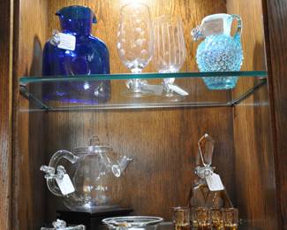 Blenko piece, Fenton blue opalescent pitcher, antique Bohemian cordial set