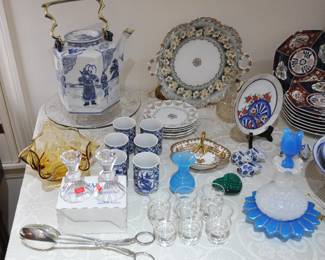 Large Chinese teapot, antique cake plate, mid century yellow bowl, etc.