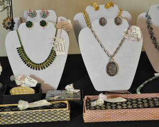 Green Eisenberg necklace and earrings plus Whiting & Davis faceted glass necklace and earrings