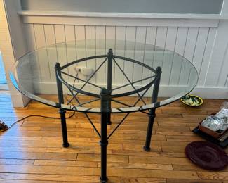 48" Glass Top Wrought Iron Pedestal Dining Table. Measures 30" H. Photo 1 of 2.