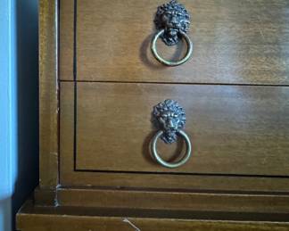 Vintage RWay Grantham Neoclassical Chest of Drawers with Lion Head Drawer Pulls. An EXCELLENT Treasures for the DIYer. Great As Is But Paint / Lacquer for An Updated Look. Ask Us For Resources! Measures 33" x 19.5" D x 46" H. Photo 2 of 3.