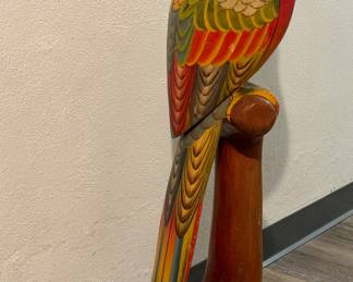 Vintage Carved Wood, Hand-Painted Parrot. Measures 42" H.