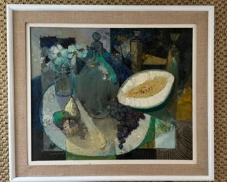 Bernat Sanjuan (Catalan, 1915 - 1979), "Melon Y Otras Cosas," 1972. Oil on Canvas. Measures 23.5" x 19.5"; 29.50 x 25.5" Including Frame. Photo 1 of 2.