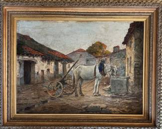 Albert Sorkau (French, 1874 - 1952), "Drinking Horse," Oil on Paper. Measures 21" x 29". Photo 1 of 2.