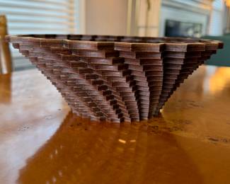 Baltic By Design Wood Laser Cut Weave Bowl With Tag. Measures 9" D x 3.5" H. Photo 2 of 2.