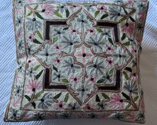 Crewel Down-Filled Pillow. Measures 20" x 20".