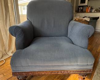 Pair of Vintage Club Chairs with Hand-Carved Wood Frame. Each Measures 36" W x 36" D. May Need Reupholstering. Ask Us For Resources! Photo 1 of 3.