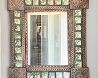 Vintage Round Top Antique Festival Sourced Tin & Tile Mirror. Photo 1 of 2.