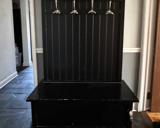 Pottery Barn Ebonized Wood Hall Tree With Storage Bench. Needs Some Tender Loving Care! But EXCELLENT BONES! Measures 44" x 20" D x 64" H. Photo 1 of 2.