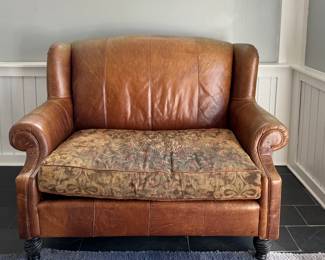Leather Settee / Banquette with Down-Filled Upholstered Seat Cushion. Measures 60" W x 44" H. Photo 1 of 4.