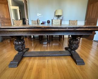 Round Top Antiques Festival Sourced Pedestal Spanish Renaissance Extension Farm Table. Measures 39" W x 78" L x 29.5" H. Has Two Hidden 22.5" L Pull Out Extensions. May Benefit From Refinishing. Or, Strip To Expose Natural Wood. Ask Us For Resources! Photo 2 of 5.