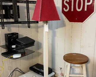 Pottery Barn Floor Lamp, Stop Sign & Stool.