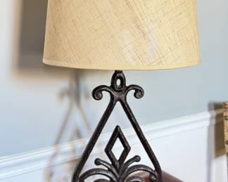 Pottery Barn Bronzed Metal "Fleur De Lis" Table Lamp With Linen Shade. Measures 28" H.