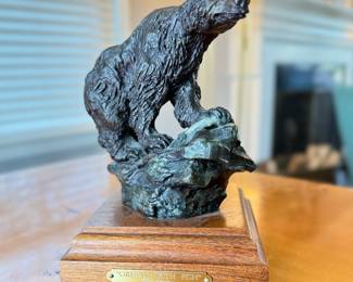 Bob Stayton, "Grizzly With Fish," Bronze #22 of 25. Measures 5" x 5" x 8" H including Stand. Photo 1 of 2.