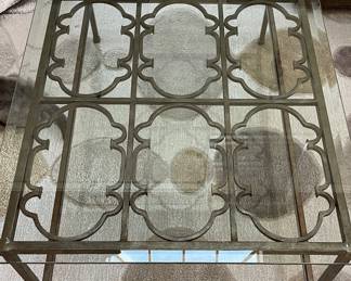 Chelsea House Glass Top Wrought Iron Gate Table With Shelf. Measures 31" x 49" x 20" H.