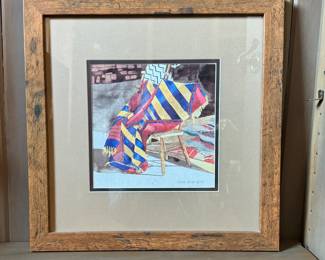 Diane Moon (Santa Fe, New Mexico), "The Striped Blanket." Hand-Signed Ink-Jet Reproduction. Measures 8" x 8"; 14" x 14 Including Frame. Photo 1 of 2.