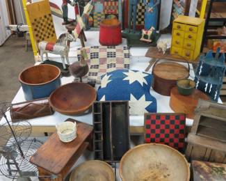 Large selection of Folk Art and Primitives, C Jere carvings, whirligig, wood bowls, quilts, stools, game boards and pantry boxes