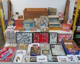 Cracker Jack collection, 10 cent vending machine, tins, popcorn ball box, tin and metal toys pre 1940, pinbacks ladies, plastic toys 1930-1960's, pipes, paper toys and prize rolls, Part 4 of Nancy Schultz collection