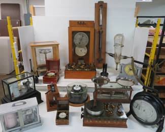 Scientific, Maritime  and electronic equipment, Barometers, Barographs, Clinometers, Potentiometers, Volt and Amp meters, RR commission pressure gauge, water level recorder, compass, Chronometers