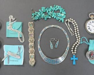 Assorted Jewelry, turquoise, sterling, Mexican 925, Tiffany watch chain, swiss army knife and compass, Many outstanding pocket watches some sterling and RR Special